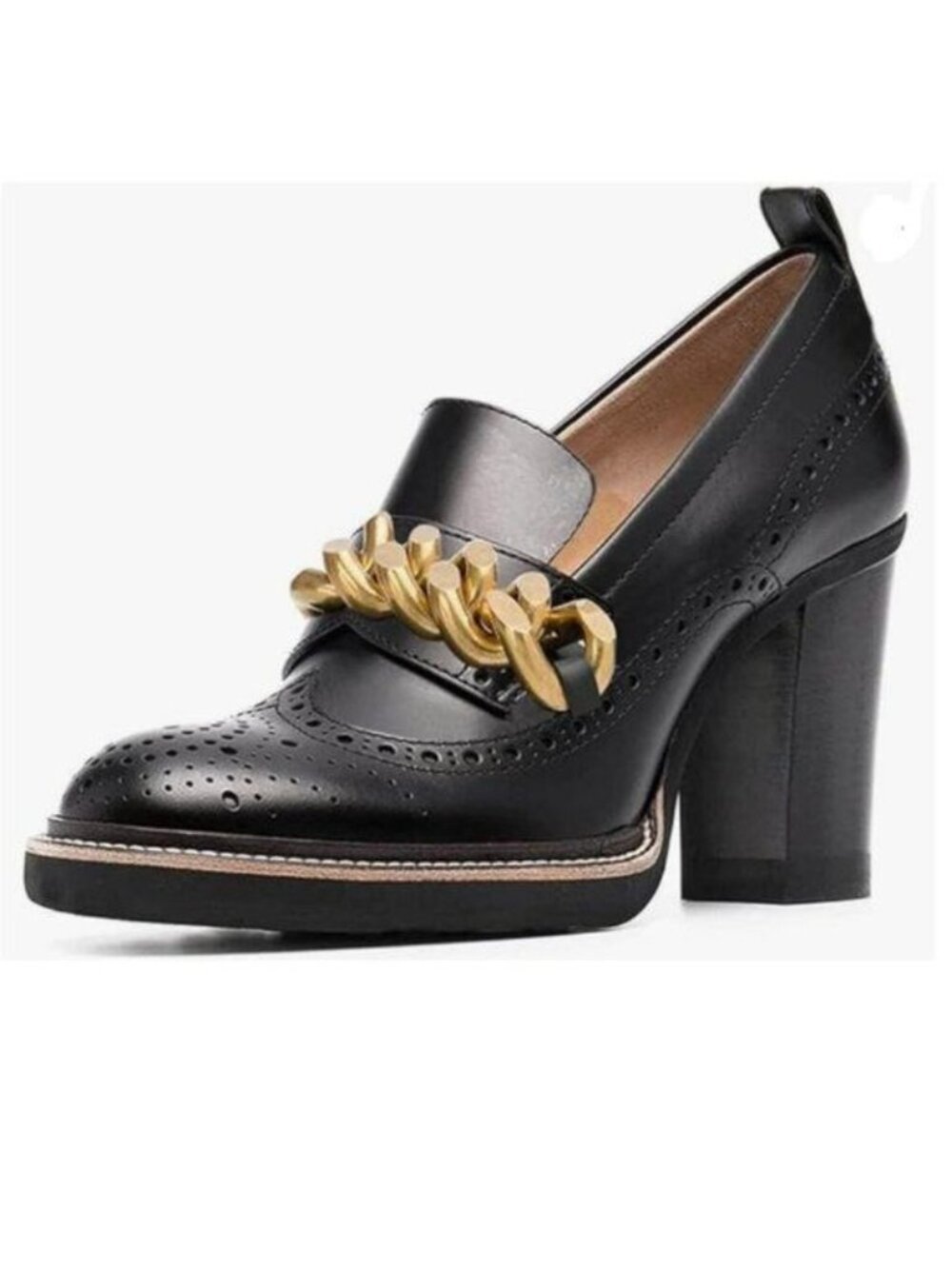 YDN Black Chain Chunky High Heels Round Toe Oxford Loafer Shoes Slip On Pumps